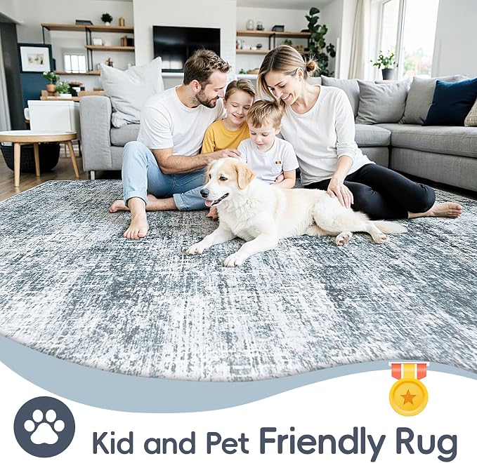 9x12 Area Rug for Living Room Bedroom: Non-Slip Modern Light Slate Blue | Machine Washable TPR Backing, Stain-Resistant Low Pile, Pet & Kid Friendly, Abstract Decor for Dining Room, Dorm, Home Office