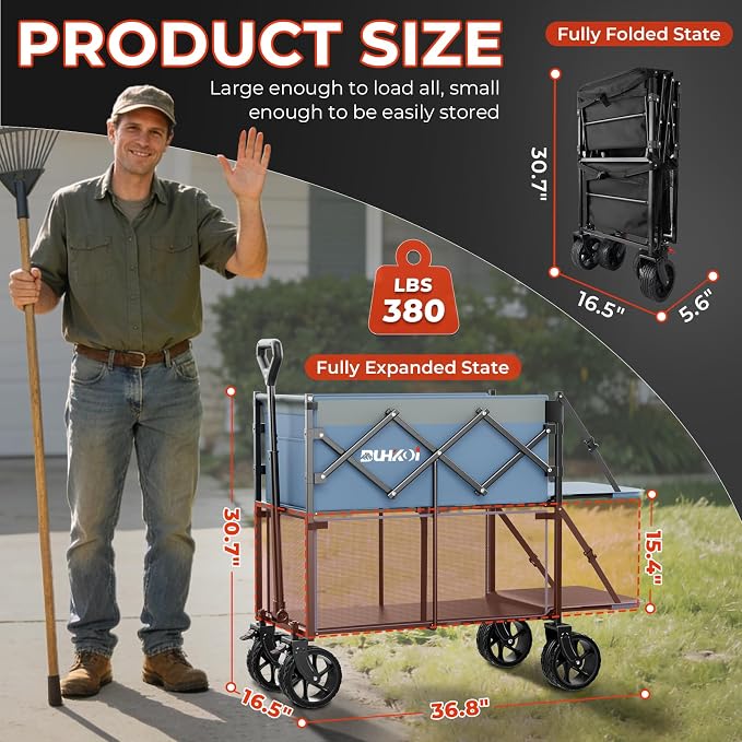 Double Decker Collapsible Wagon with Brakes,Compact with Tailgate | Big All-Terrain Wheels , 2-Tier for Camping Gear, Sports, Groceries, Shopping, Garden & Outdoor Use,Light Blue