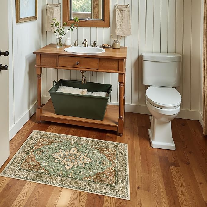 RELEANY Washable Area Rug, Small 2'x3', Brick/Brown/Green | Non-Slip, Water Repellent, Pet Friendly, Easy to Clean, Vintage Floral Boho Decor for Kitchen Entryway Bathroom