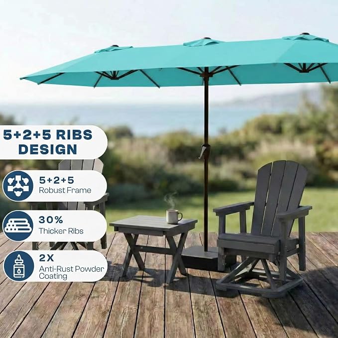 15FT Large Patio Umbrella with Base Included, Double Sided Outdoor Market Umbrella with Flexible Fiberglass Ribs, UV-Blocking Extra Large Umbrella for Garden, Pool, Deck, Aqua Blue