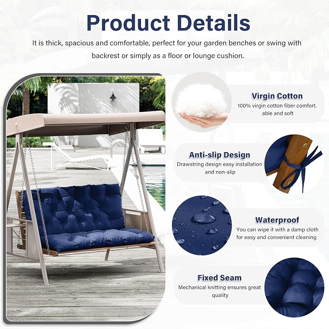 Porch Swing Cushion with Backrest,Waterproof Bench Cushion for Outdoor Furniture,2-3 Seater Replacement Thickened 5 in swing cushion,with Ties,Patio,Outdoor,Backyard and Garden (Blue,47x40 in)