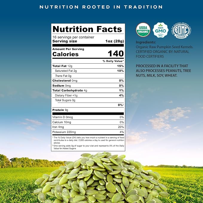 CROP BY POP - Organic Raw Pumpkin Seeds (16 Oz - 1 LB) Packed Fresh in Resealable Bag - USDA Organic, Non GMO - Naturally Grown, Vegan, Kosher