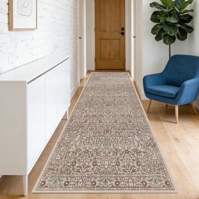 Washable 2'6" x 8' Runners for Hallways, Non Slip Long Floor Runner for Kitchen, Entryway Indoor, Stain Resistant Rubber Backing Floral Decor Rug (Moss)