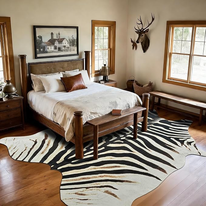 BENRON Zebra Rug, Animal Print Rug for Living Room Bedroom 4.6x5.2ft | Western Faux Zebra Print Rug, Animal Skin Carpets, Non-Slip Throw Rug for Home Decor, Black and Brown, Ivory