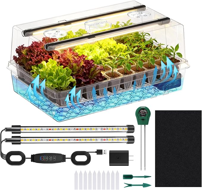 Adawook Self-Watering Seed Starter Tray with Grow Lights, Seed Starter Kit, Full Spectrum Grow Light for Seed Starting, Timing Set, Germination Tray Grow Kits with High Humidity Domes