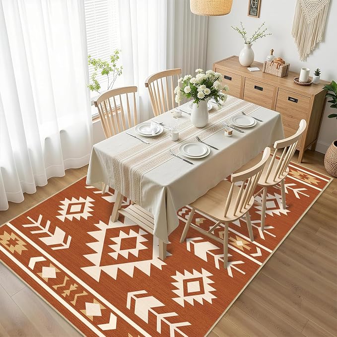 Western Area Rug 4x6 for Living Room, Southwestern Aztec Tribal Area Rugs Southwest Navajo Machine Washable Rug Non-Slip Printed Low-Pile Floor Carpet for Bedroom Dining Room Office, Yellow Brown
