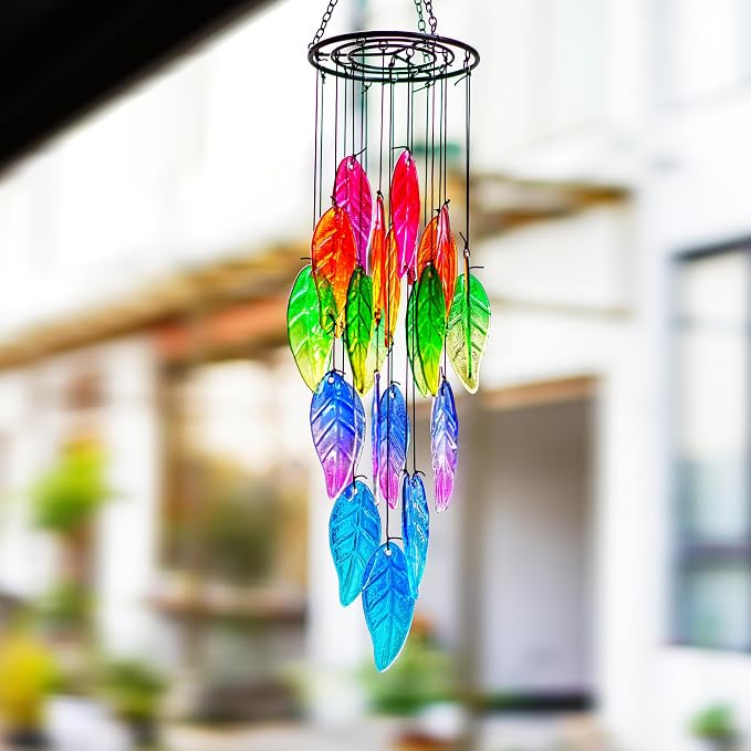18'' Stained Glass Leaves Wind Chimes for Outside Unique Rainbow Leaves Forest Windchimes Outdoor Decoration Garden Ornament for Christmas Tree