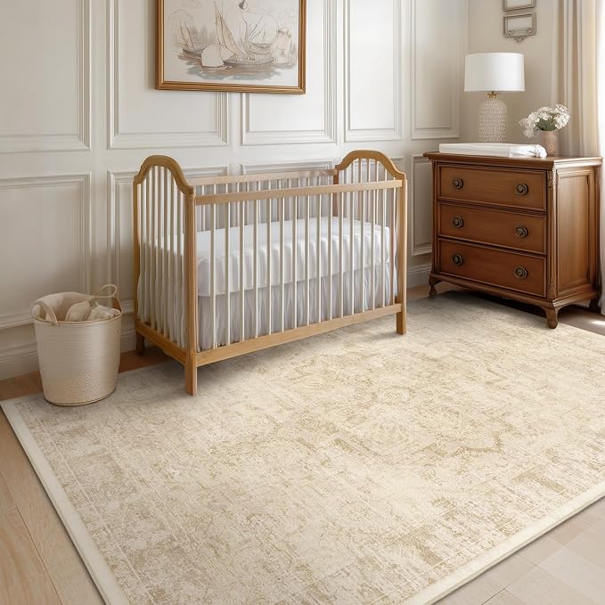 Farmhouse Beige Washable Area Rugs 5x7 for Living Room, Distressed Medallion Printed Rugs for Bedroom, Non Slip Washable Low Pile Thin Carpet Rugs for Dining Room/Kitchen/Foyer/Home Office