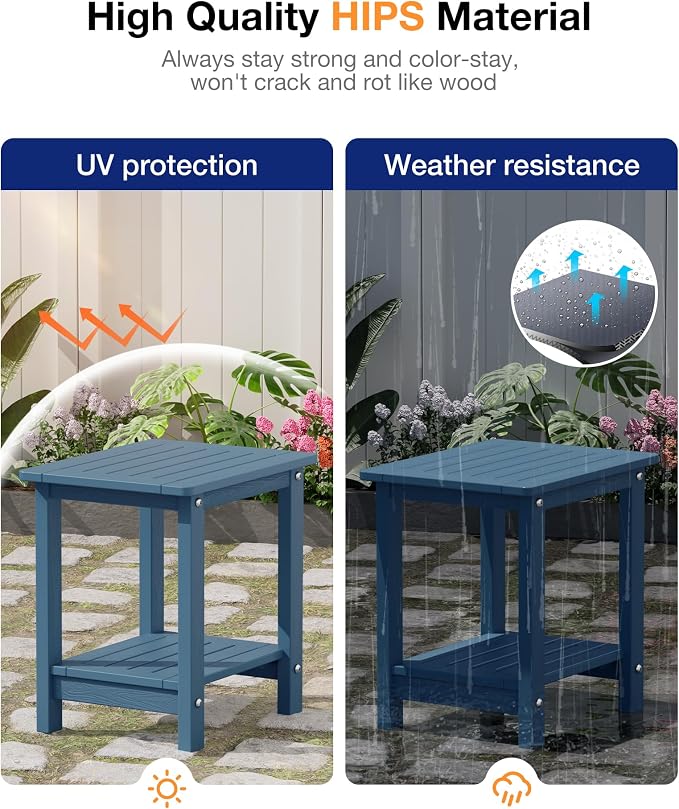 YEFU Outdoor Side Table for Patio: 16" HIPS Weather - Resistant Adirondack Tables - Waterproof Small Square End Tables for Backyard Pool Porch Balcony - Indoor Outdoor Double Layer Table Navy Blue