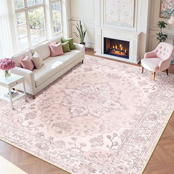 RELEANY Washable Area Rug, Large 9'x12', Pink | Non-Slip, Water Repellent, Pet Friendly, Easy to Clean, Vintage Floral Boho Decor for Living Room Bedroom Dining Room