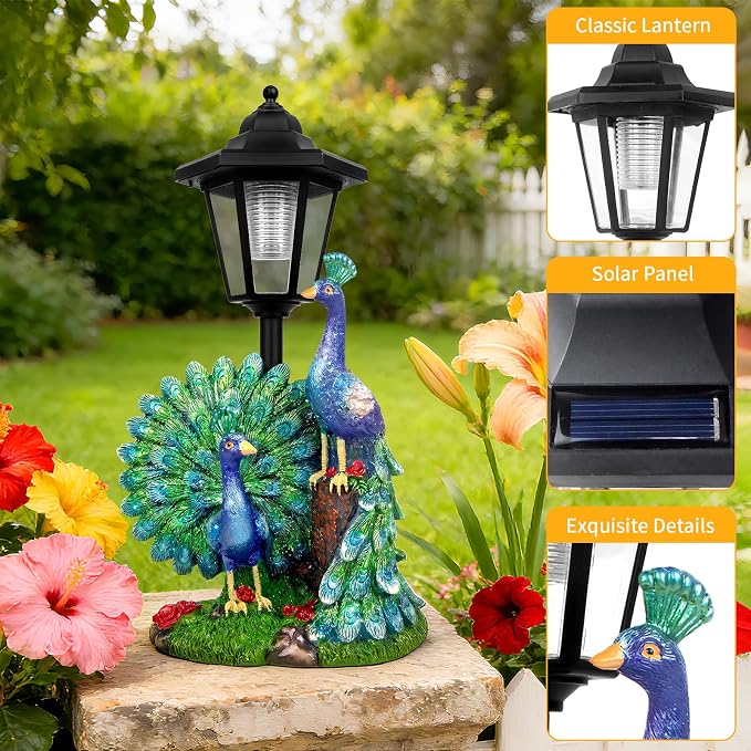 Solar Peacock Decor Outdoor, Garden Statue with Lantern for Patio Lawn Pathway Landscape Decoration Gift Gifts for Mother's Day Birthday Housewarming
