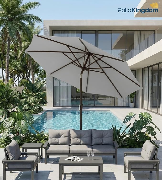PatioKingdom 9FT Patio Outdoor Umbrella-UPF 50+ Sun Shade with Wind Vent, Push-Button Tilt & Smooth Crank Lift, Rust-Resistant Fiberglass Frame for Garden, Backyard,Yard (Light Gray)