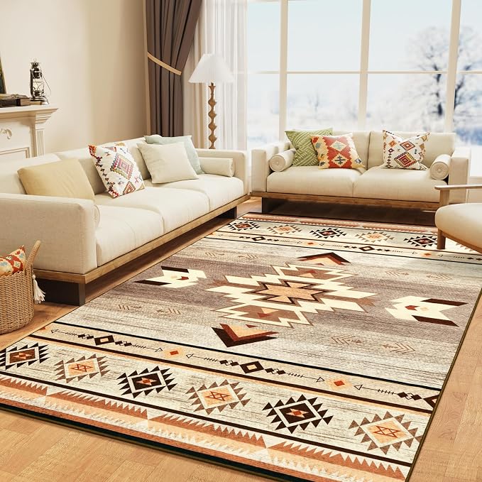BENRON Western Area Rugs for Living Room Bedroom 5x7, Washable, Warm Beige | Non Slip Southwest aztec Rustic Rugs for Dining Table Kitchen Home Decor