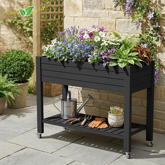 Vixzen Raised Garden Bed Outdoor,Reinforced Large Planter Box with Wheels & Storage Shelf,Mobile Planter Bed Box for Backyard, Patio, Balcony (Black, 21Gal（43.31"×17.72"×33.66"）)