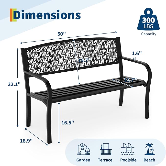 50" Outdoor Metal Garden Bench, Patio Steel Bench with Curved Backrest, Decorative Pattern, Weather-Resistant Porch Bench for Yard, Park, Deck, Backyard