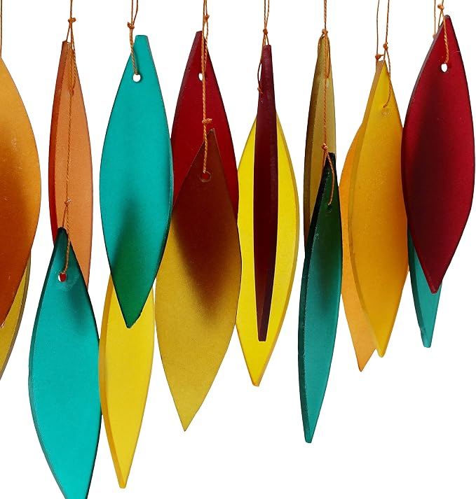 Blue Handworks Santa Fe Glass Leaves Wind Chime | Sandblasted Glass and Found Wood Handcrafted Wind Chime