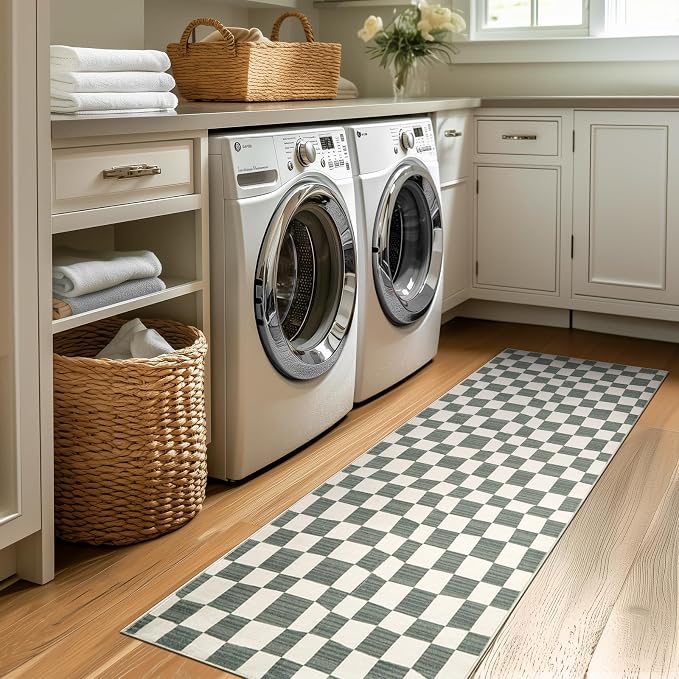 jinchan 2x6 Runner Rug Modern Checkered Geometric Lattice Hallway Rug, Grey | Soft, Non-Slip, Floor Carpet, Kid-Friendly, Kitchen, Nursery, Bedroom, Laundry Room, Entryway, Bathroom, Kids Room