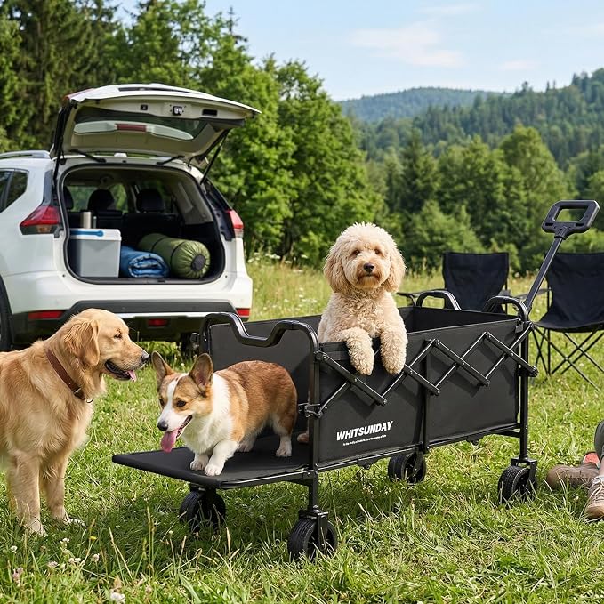 Collapsible Folding Wagon Cart, Heavy Duty Utility Wagons with Tailgate & Wheels,Portable Utility Cart for Camping,Garden,Beach,Sports Black