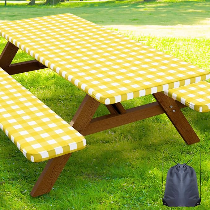 Smiry Picnic Table Cover with Bench Covers, Waterproof Elastic Fitted Tablecloths for 6 Foot Rectangle Tables, Washable Buffalo Plaid Tablecloth for Camping, Outdoor (Yellow & White, 30"x72")