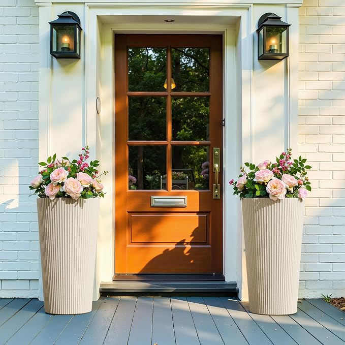 23.6" H Tall Planters for Outdoor Plants Set of 2 - Fluted Large Outdoor Planters for Front Porch Decor with Drainage Hole, Plastic Round Flower Pots Fits Indoor Plants Patio/Garden, Beige