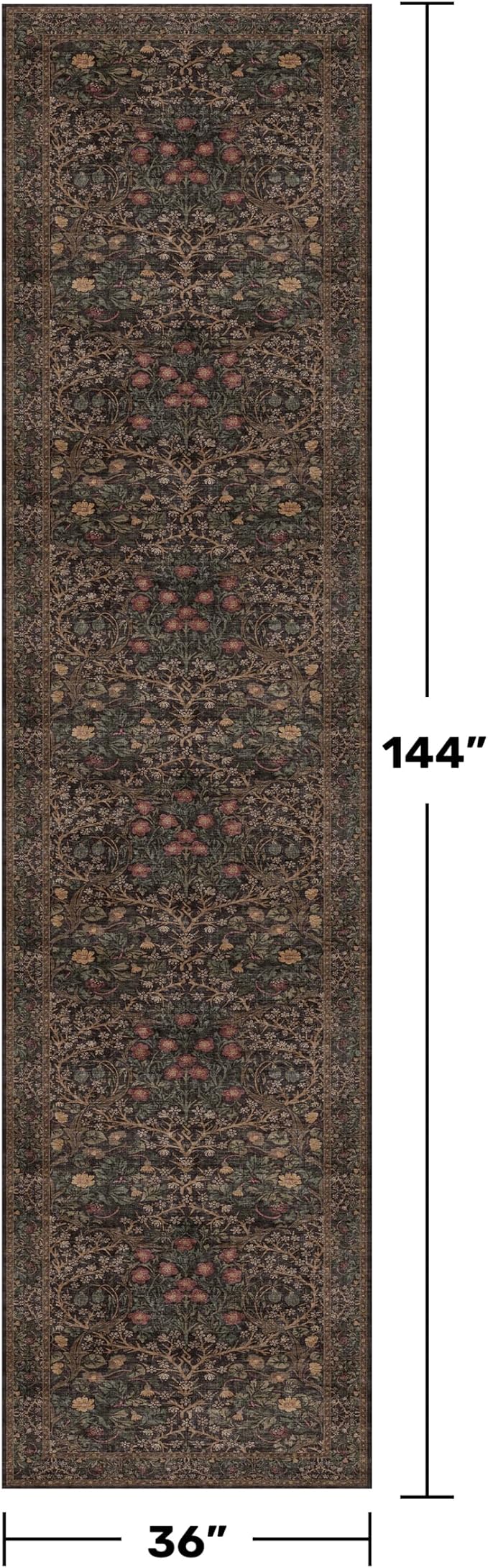 Dark Brown Boho Washable 3x12 Extra Long Runner Rug for Hallway, Water Resistant Extra Long Runners for Large Kitchen, Non-Slip Stain & Fade Resistant, Vintage Natural Floral Décor