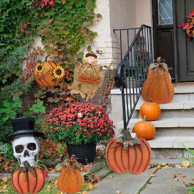 Metal Pumpkin Garden Stakes Welcome Sign Decorative Yard Sign Fall Decor | Autumn Pumpkin Decoration for Harvest Thanksgiving Halloween