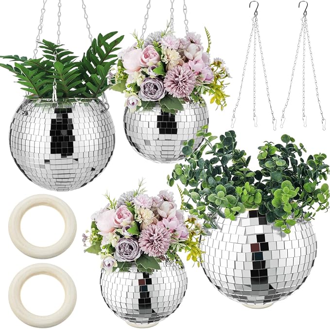 4 Pcs 6/8 Disco Ball Planter Hanging Disco Ball Plant Hanger with Chain Hook and Ring Stand, Mirror Flower Pot for Indoor and Outdoor Plants 70s 80s Party Room Decorations, Sliver
