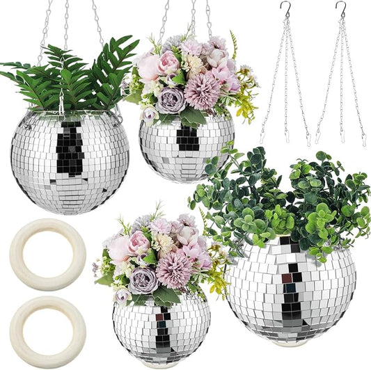 4 Pcs 6/8 Disco Ball Planter Hanging Disco Ball Plant Hanger with Chain Hook and Ring Stand, Mirror Flower Pot for Indoor and Outdoor Plants 70s 80s Party Room Decorations, Sliver