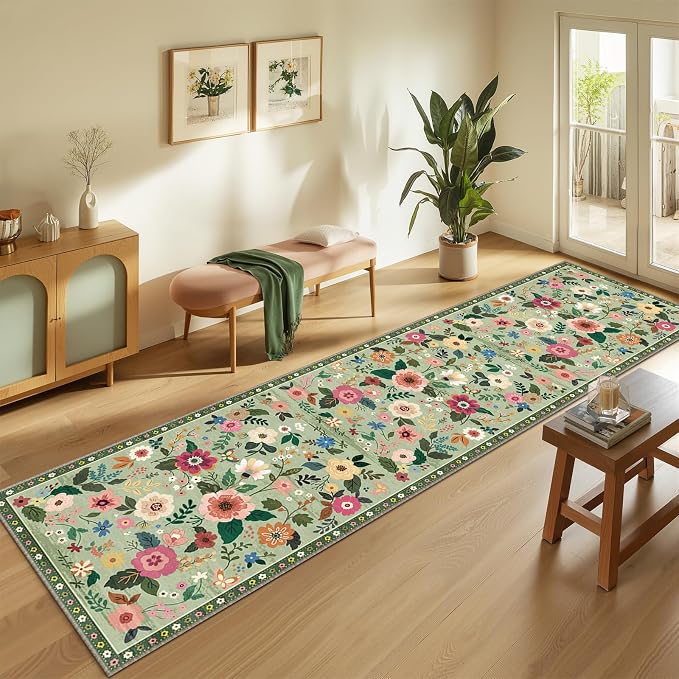 Floral Washable 2x8 Area Rugs Runner Entryway Hallway LightGreen | Flower Carpet, Print, Boho, Non-Slip, Easy to Clean, Low Pile, Soft, for Living Room Bedroom Kitchen Office Entrance