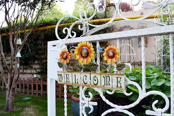 Morning View Metal Sunflower Welcome Sign Hanging Flower Wall Decor Door Sign Decorative Wall Plaque Outdoor Garden Porch Yard Home Decor 17.5X11.25 Inch