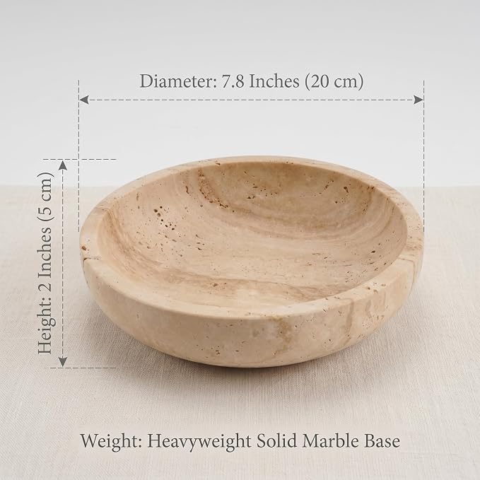 Natural Marble Travertine Decorative Bowl - 7.8" Honed Yellow Stone | Organic Modern Centerpiece Key Dish for Keys Entryway Table - Coffee Table Decor - Bedside Ring Jewelry Holder Tray