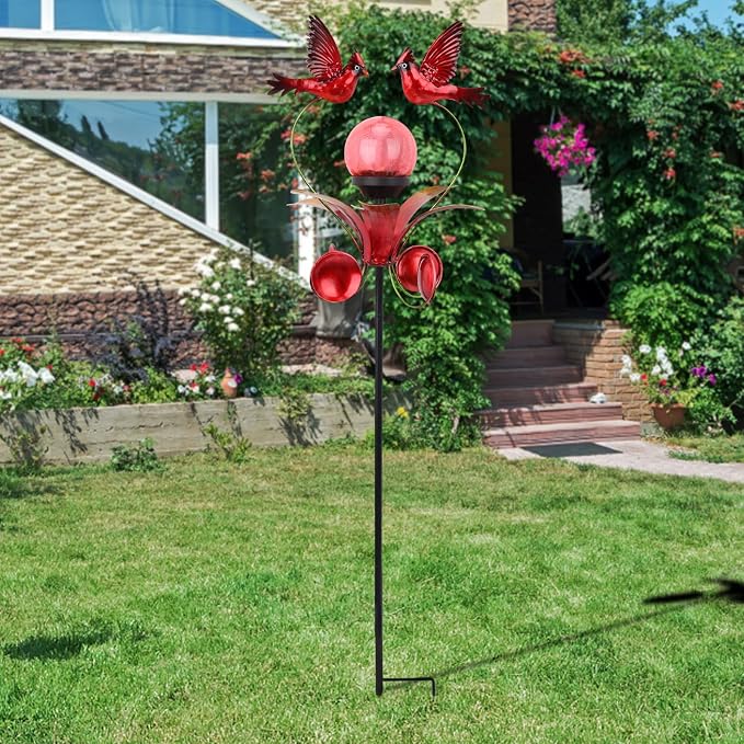 Decorative Solar Outdoor Light, Cardinal Glass Globe Stake For Lawn Yard | Solar Cardinal Lights With Wind Spinner Design, Crackle Glass Globe, Auto On/Off For Garden, Lawn, Yard
