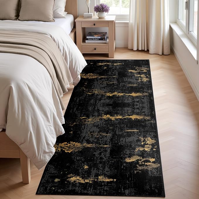 RELEANY Washable Runner 2'x6' Abstract Area Rug for Hallway Black Gold | Carpet for Kitchen, Entryway, Bathroom, Living Room, Bedroom, Printed Pattern, Non‑Slip, Soft, Stain‑Resistant, Easy to Clean