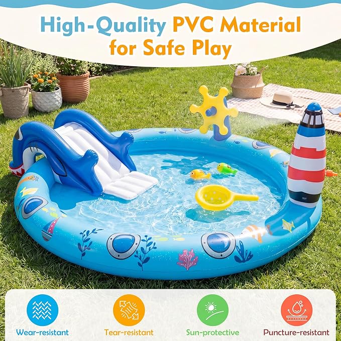 GLACER Kiddie Pool with Slide, 74”x 60.5”x 23” Thicken Water Play Center | Inflatable Swimming Pool with Sprinkler & Fishing Toys, Elevated Rails, PVC Outdoor Blow-Up Splash Pad for Backyard, Garden