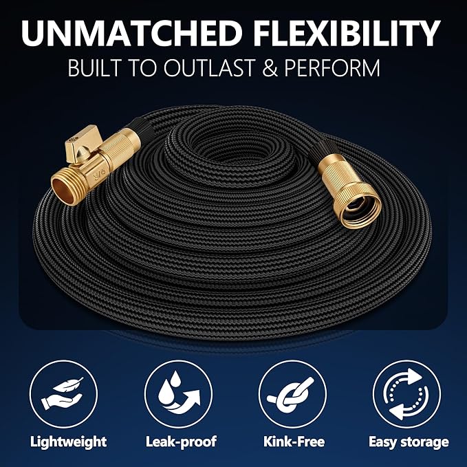 Flexible Garden Hose 25 FT, Ultra Lightweight Water Hoses 25FT w/10 Function Sprayer and 3/4" Brass Fittings, Kink-Free, Sturdy, Abrasion Resistant for Yard, Lawn, Outdoor and Gardening(Black)