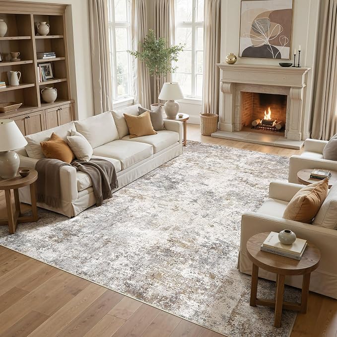 UERMEI 10x13 Area Rug Living Room Rugs Washable Neutral Brown Grey Carpet | Modern Abstract Non-Slip Soft Large Low Pile Floor Rugs for Bedroom Dining Room Home Office Indoor Decor