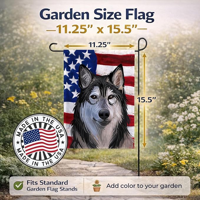 Caroline's Treasures CK6734GF Tamaskan Dog American Flag Garden Flag Mailbox Flag Decorative Yard Flag Banner Outside Patio Artwork Yard Flower Beds, Garden Size, Multicolor