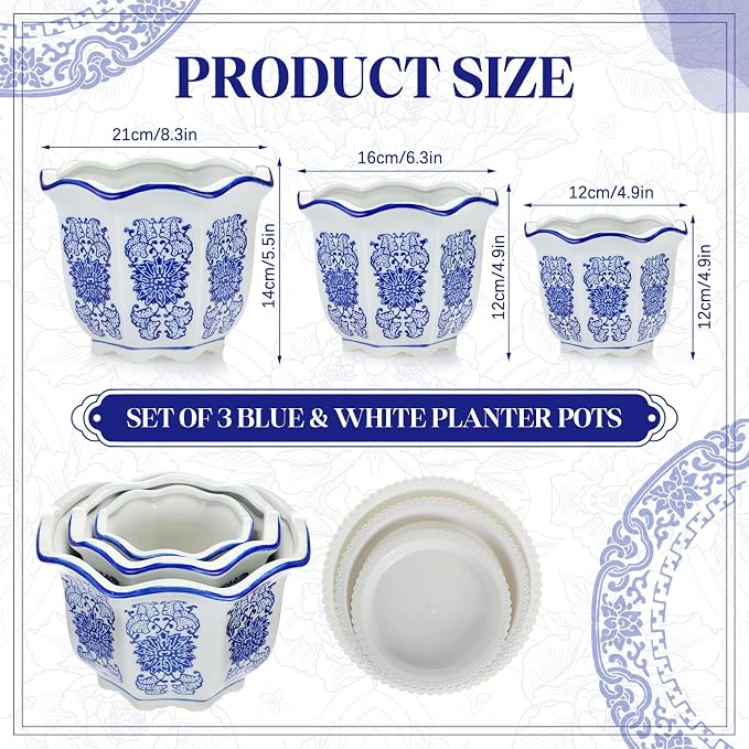 Briwooody Set of 3 Blue and White Porcelain Flower Pots 7.2'' 6'' 4'' Decorative Chinoiserie Plant Pots with Drainage Hole Saucers Ceramic Planters for Indoor Garden(Classic Style)
