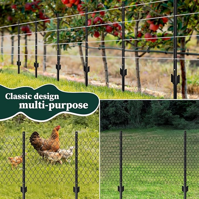 20 Pack Metal Garden Fence Posts 4 FT Black – Heavy Duty U-Post for Wire Fencing, No-Dig Fence Stakes for Temporary Fencing, Corner Anchor Posts, Rustproof Powder-Coated Steel for Farm, Yard & Garden