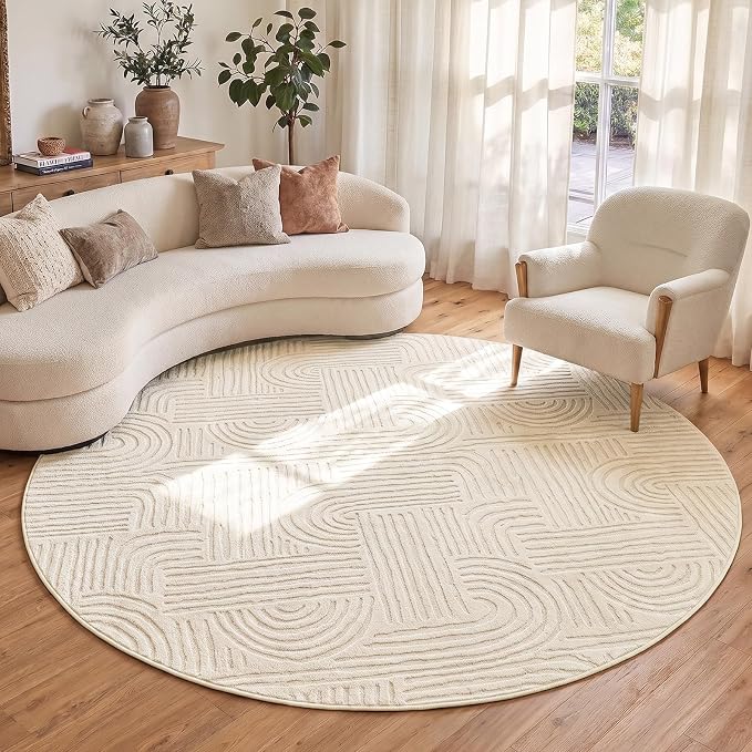 Etwel 6.5 ft Beige Geometric Textured High-Low Pile Washable Round Rug | Modern Soft Carpet, Non-Slip PVC Backing, Low Profile, Kid and Pet Friendly, for Living Room, Bedroom, Dining Room, Nursery