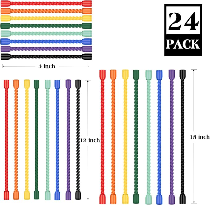 24PCS 4-Inch, 12-Inch, 18-Inch Silicone Cable Ties, Bendable Rubber Twist Ties, Reusable Twist Ties for Cords, gear ties for Organizing, Bundling (Multicolor)