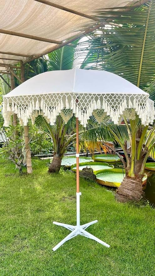 Bohemian Umbrella Macrame 6.5ft HANDCRAFTED Balinese MACRAME Canopy OUTDOOR Umbrella LUXURY Umbrella MIAMI Umbrella Premium Macrame for Deck, Patio, Pool, Sun Shade and Outdoor Entertaining