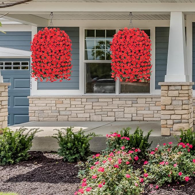 HyeFlora Artificial Fake Hanging Flowers Plants Basket for Outdoor Outside Spring Summer Decor, Faux Silk Red Daisy Flower Look Real UV Resistant Orchid Vine Plant for Porch Garden Yard Patio Home