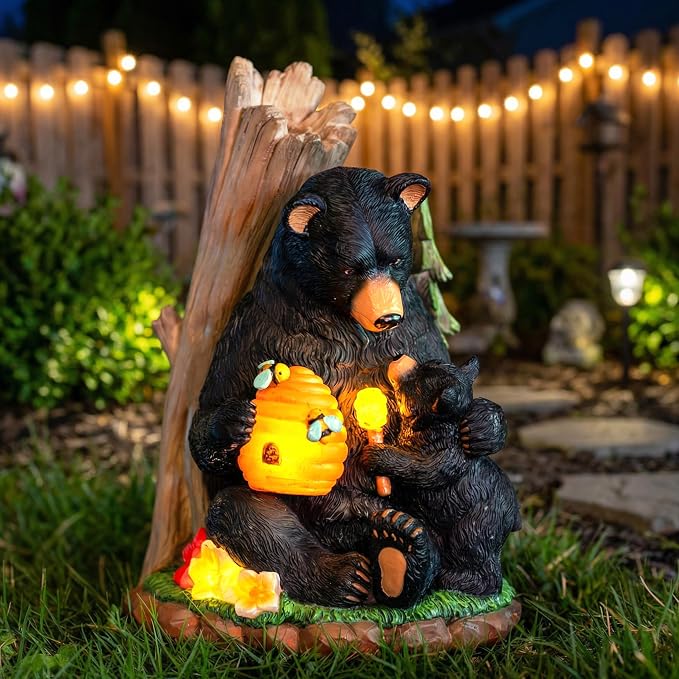 Candieslife Solar Bear Garden Statue with Glowing Beehive & Cub - Outdoor LED Figurine Decor for Patio, Lawn, Yard Art - Unique Birthday Housewarming Gift for Women, Mom, Father