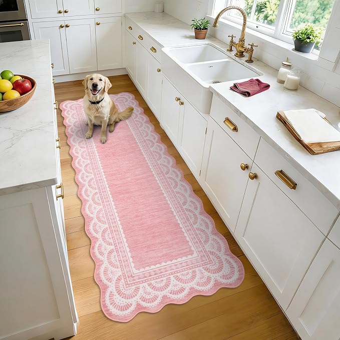 Garvee 2x6 Washable Scalloped Lace Runner Rug, Soft Rugs for Hallway Pink | Non Slip Entryway Rug, Scalloped Rug for College Playroom Kids Girls Room, Non-Shedding Low Pile Rugs Runner for Bedroom