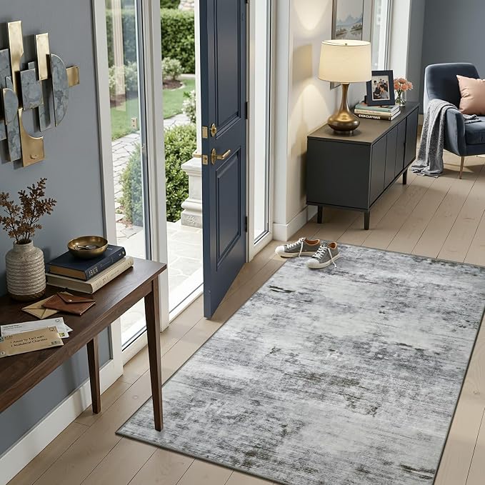 Toneed 3x5 Washable Non Slip Area Rugs for Bedroom Living Room, Grey | Abstract Soft Modern Low Pile Rug for Kitchen Hallway Office,Indoor Carpet for Kids Nursery Home Decor