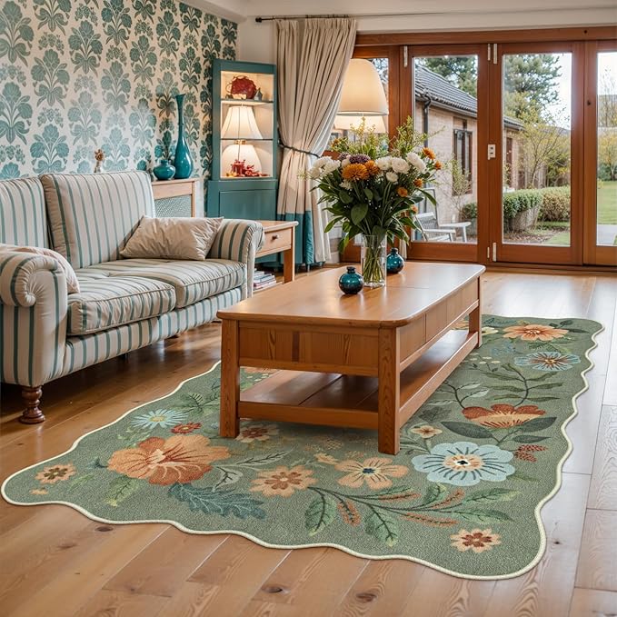 Lahome Floral Living Room Rugs, Area Rugs 5x7 Rug for Bedroom Ultra-Thin Soft Rug, Non-Slip Washable Rugs Stain Resistant Boho Rug Flore Throw Rug for ‎Dining Room Office (5x7ft,Green)