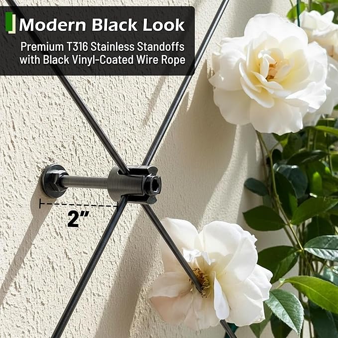 20-Set PVD Black 1/8" Wire Trellis for Climbing Plants Outdoor with 98ft Vinyl Coated Cable, T316 Stainless Steel Wall Wire Trellis Kit