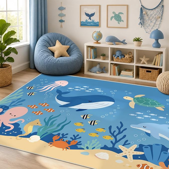 8x10 Ocean Area Rug for Kids Play Room Bedroom Beach Whale Fish Large Rug Machine Washable Non-Slip Carpet for Nursery Living Room Bedroom