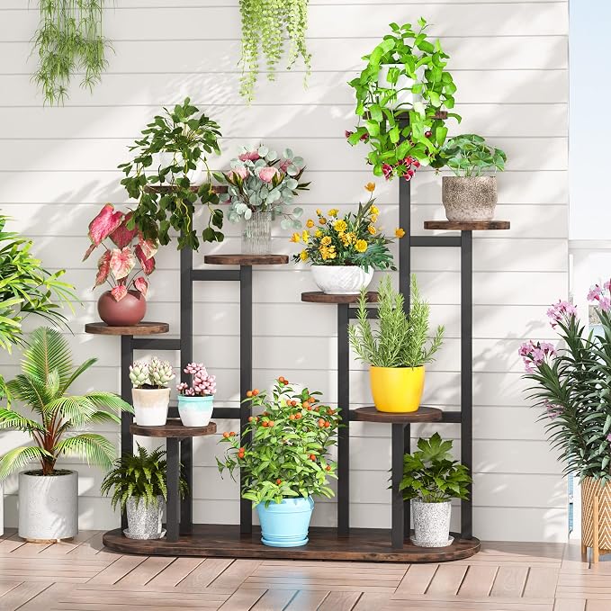 LITTLE TREE Multi-Tiered 11 Potted Plant Stand Indoor Tall Plant Shelf Flower Stands Plant Rack for Garden Balcony Living Room, Rustic Brown